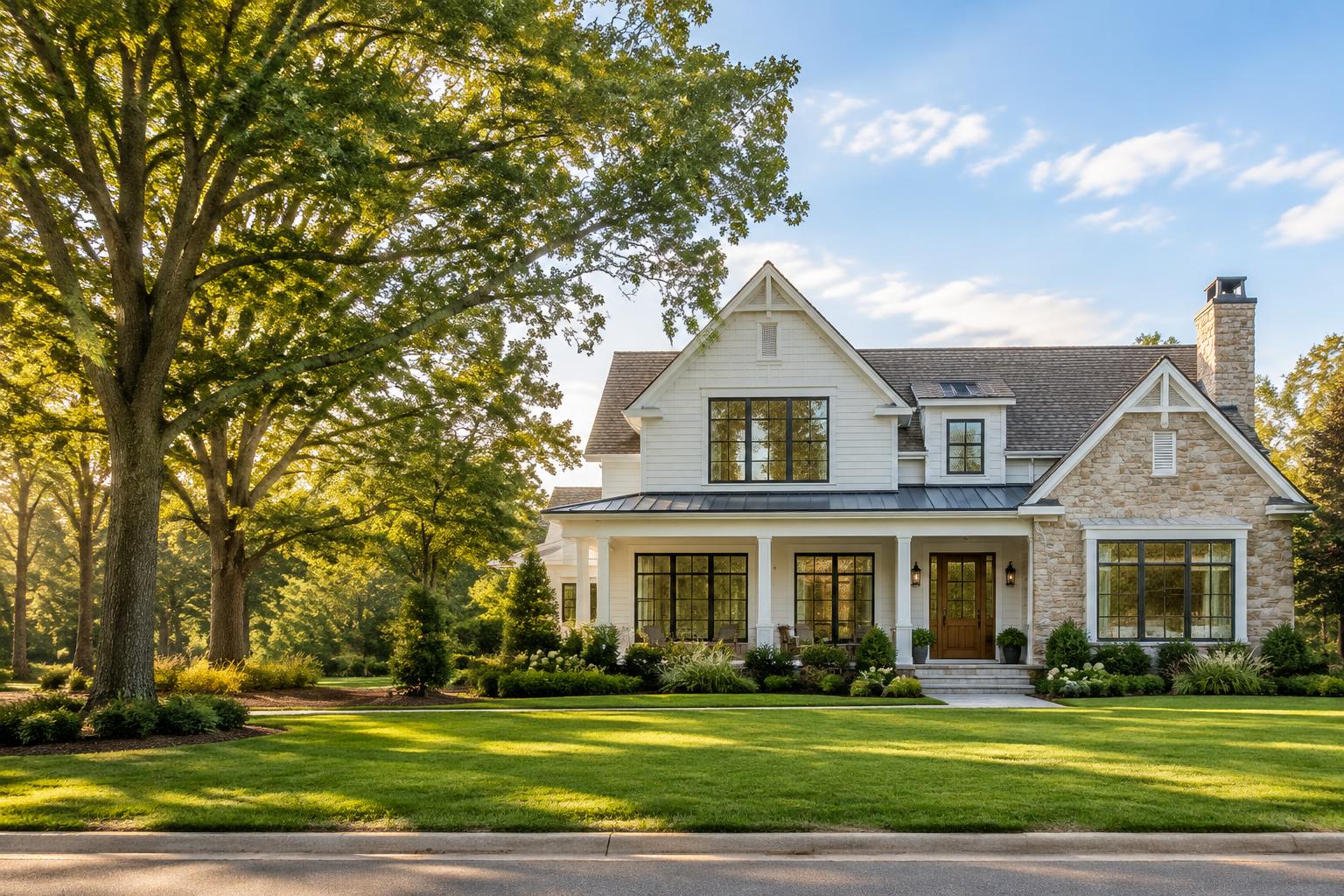 Modern craftsman home with white siding, a front porch, and a welcoming green lawn